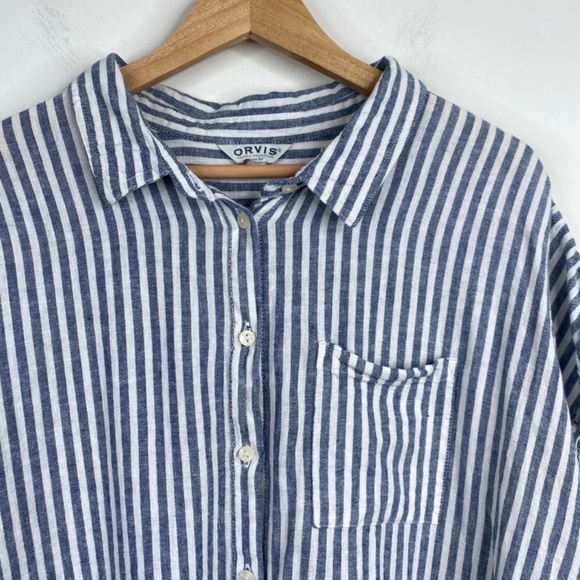 ORVIS Linen Top XXL Short Sleeve Stripe Button Up Coastal Beach Preppy Nautical - Picture 4 of 11